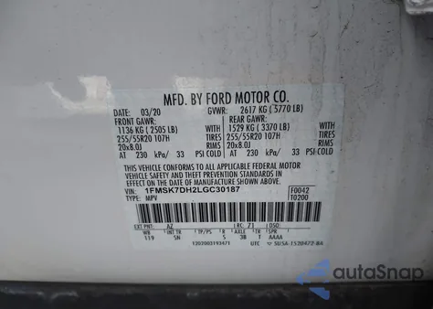 2020 Ford Explorer Xlt из США, поврежденный, VIN 1FMSK7DH2LGC30187